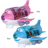 A pink and blue interactive electric airplane toy with lights and music.
