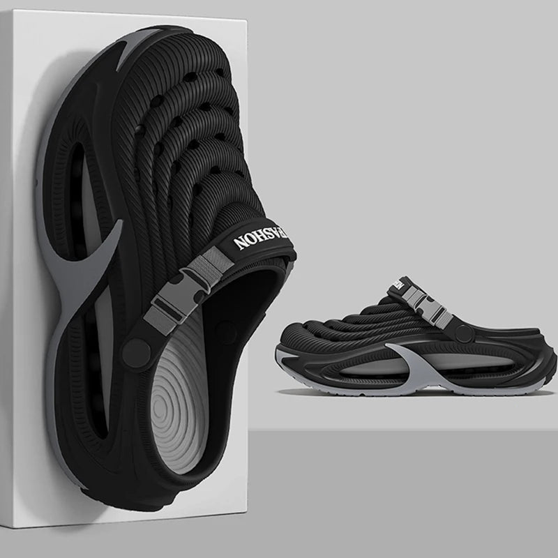 A black men's EVA slip-on sandal with a cushioned platform sole shown on a white background.