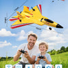 Yellow foam SU-27 airplane model with F-22 markings shown alongside a man and child using a remote control