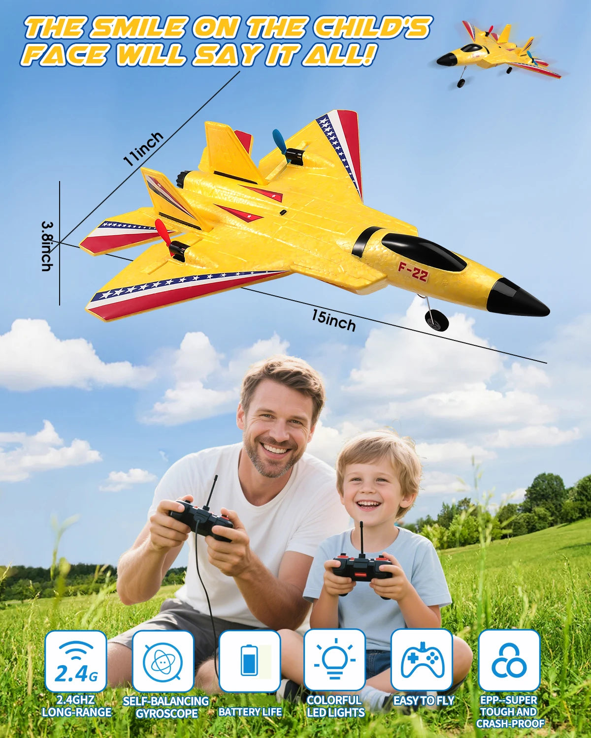 Yellow foam SU-27 airplane model with F-22 markings shown alongside a man and child using a remote control