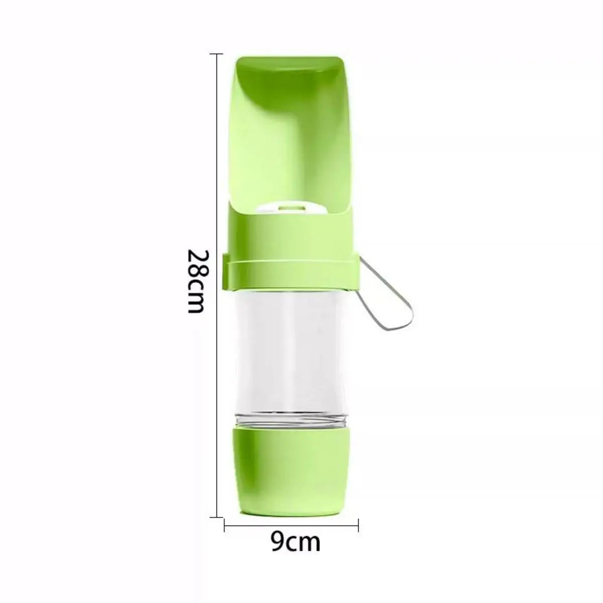 Botella de agua portátil 2 en 1 para perros, verde lima, con compartimento para comida.