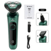 A green 9D shaver with a floating head and accessories shown alongside a diagram.