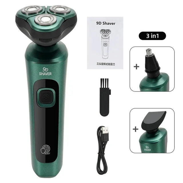 A green 9D shaver with a floating head and accessories shown alongside a diagram.