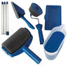 Acht multifunktionale Farbroller und Eckpinsel in Blau und Grau.