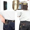 Demonstration of an RFID blocking smart wallet being placed in front and back pockets of jeans.