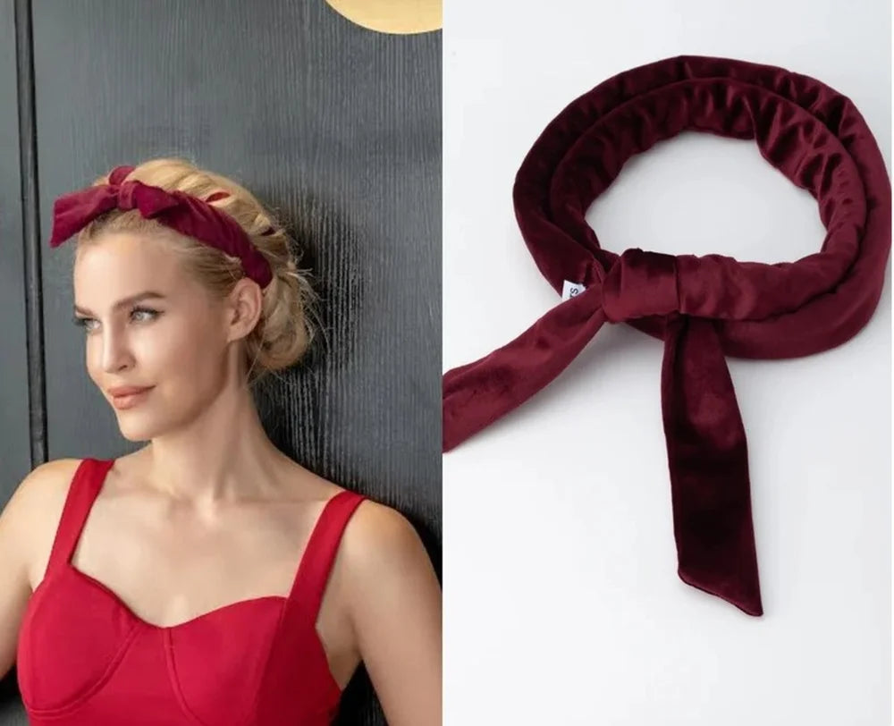 A woman wearing a red top and a maroon velvet heatless curling rod headband is shown alongside the product.