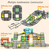 A set of magnetic tiles for constructing multiple combinations, including a rail road track and an electric sliding car.
