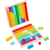 A wooden fraction learning set featuring colorful counting rods and blocks for teaching numbers and fractions.