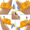 Yellow adjustable woodworking dowel drilling guide showing various installation angles and components.