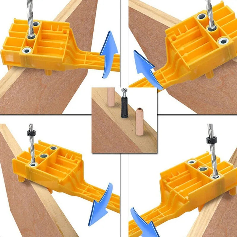 Yellow adjustable woodworking dowel drilling guide showing various installation angles and components.