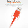 A close-up view of a red charging cable with a USB interface connector.