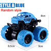 A blue pull-back stunt SUV toy car with large wheels shown from the side.