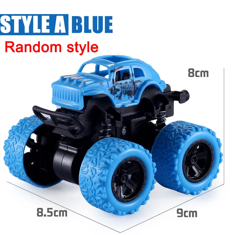 A blue pull-back stunt SUV toy car with large wheels shown from the side.
