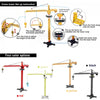 Instruction diagram showing how to set up a crane tower, followed by four color options: red, green, yellow, and black.