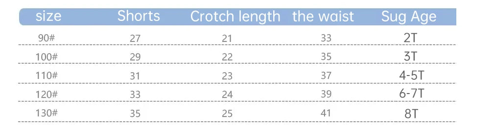 A table listing sizes for Candy Color Kids' Beach Shorts with Elastic Waist, showing measurements for Shorts, Crotch length, 