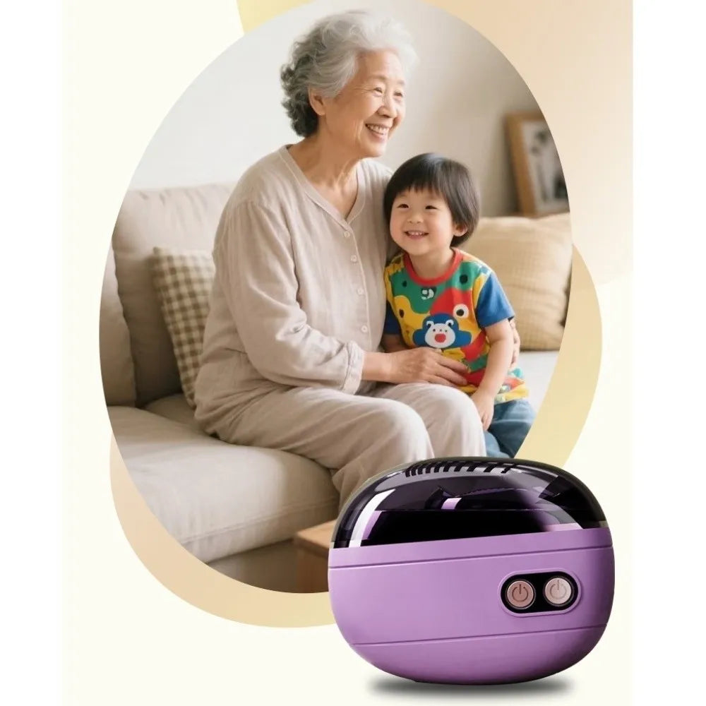 A purple electric nail clipper and grinder sits in front of a smiling elderly woman and a young child.