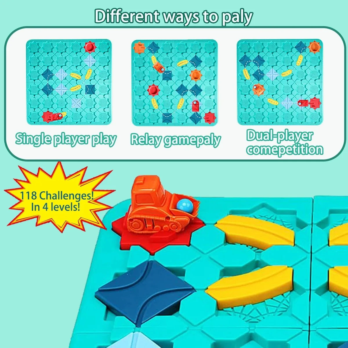 Caja de un juego de rompecabezas de laberinto constructor lógico, mostrando diferentes modos: relevo individual y competencia