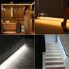 A series of images showing a motion sensor LED strip light illuminating modern interior spaces and stairs.