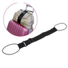 Adjustable elastic luggage straps shown with a pink cylindrical object and a beige fabric bag.