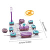 A set of purple and teal electronic circuit building blocks for a science kit, including various components and a power suppl
