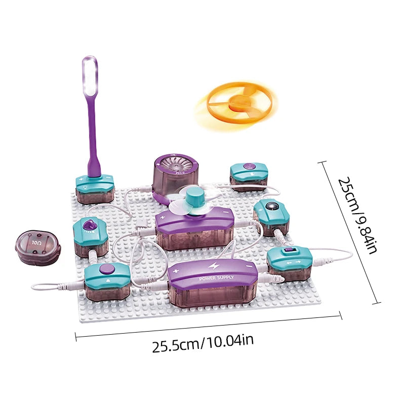 A set of purple and teal electronic circuit building blocks for a science kit, including various components and a power suppl