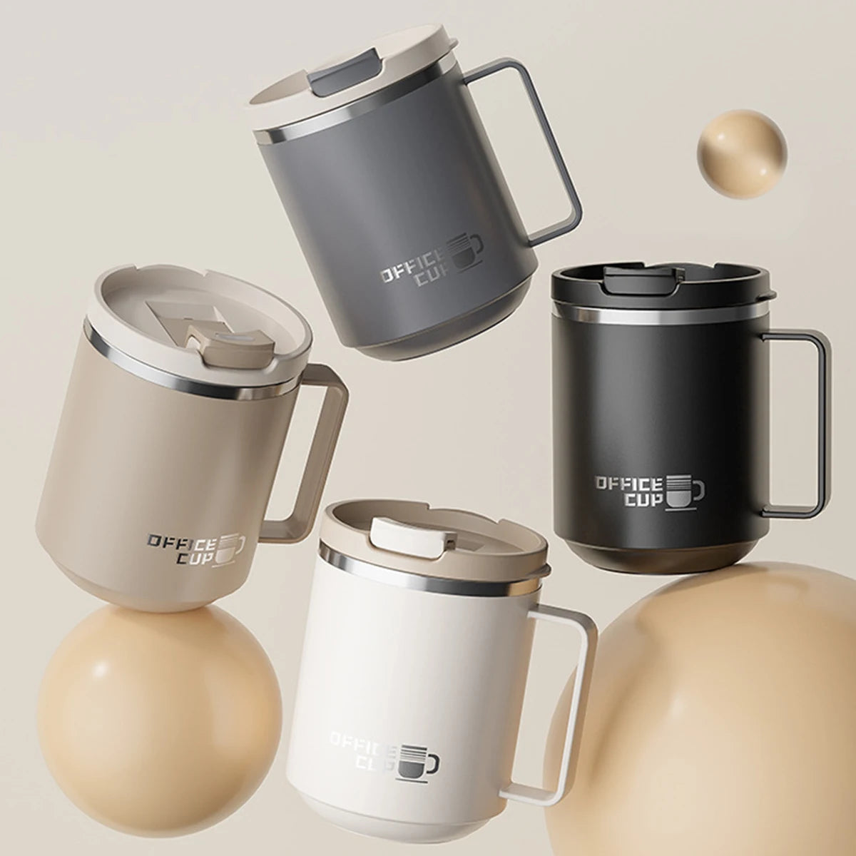 A collection of three double wall insulated stainless steel travel mugs in gray, beige, and white with lids and handles.