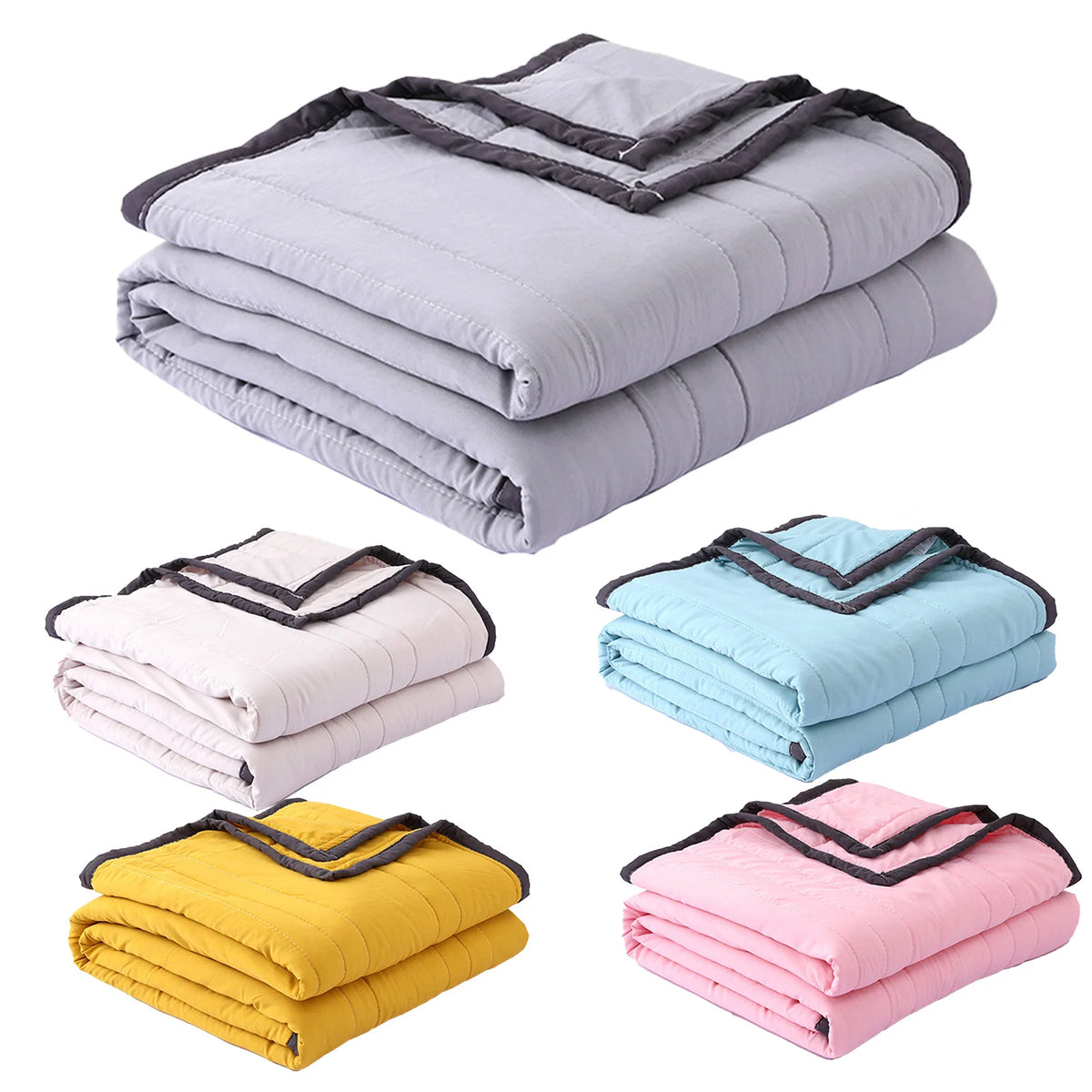 A stack of various colored breathable cooling throw blankets including gray, light blue, yellow, and pink.