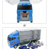 A blue die-cast construction truck set featuring a storage carrier and several smaller vehicles.