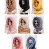 A collection of women's knitted hooded scarves in various colors including beige, black, yellow, pink, and blue.