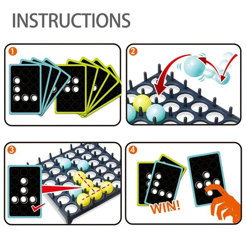 Instructions for a bounce ball tabletop game showing setup and winning action.