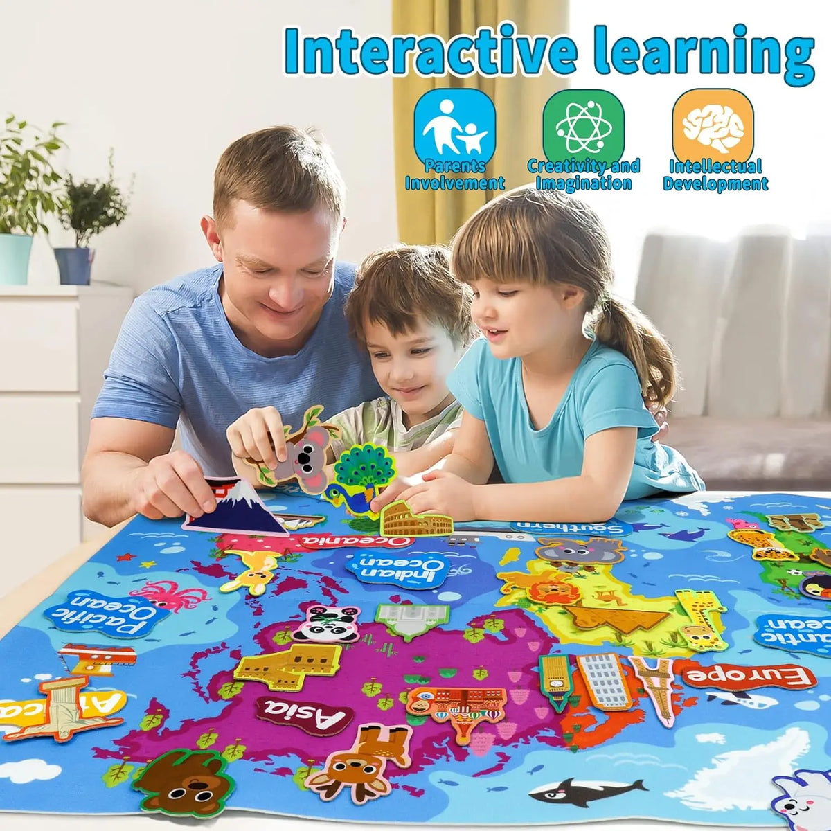 A father and daughter are using a felt story board map of the world featuring various zoo animals for interactive learning.