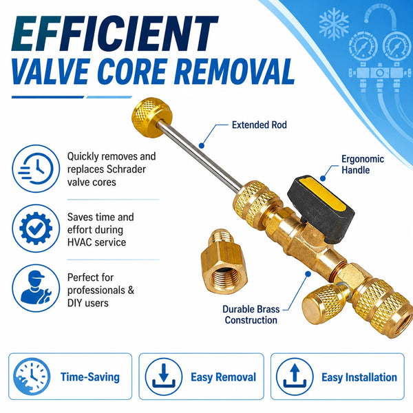 Tool kit for efficient valve core removal and installation featuring an extended rod and ergonomic handle