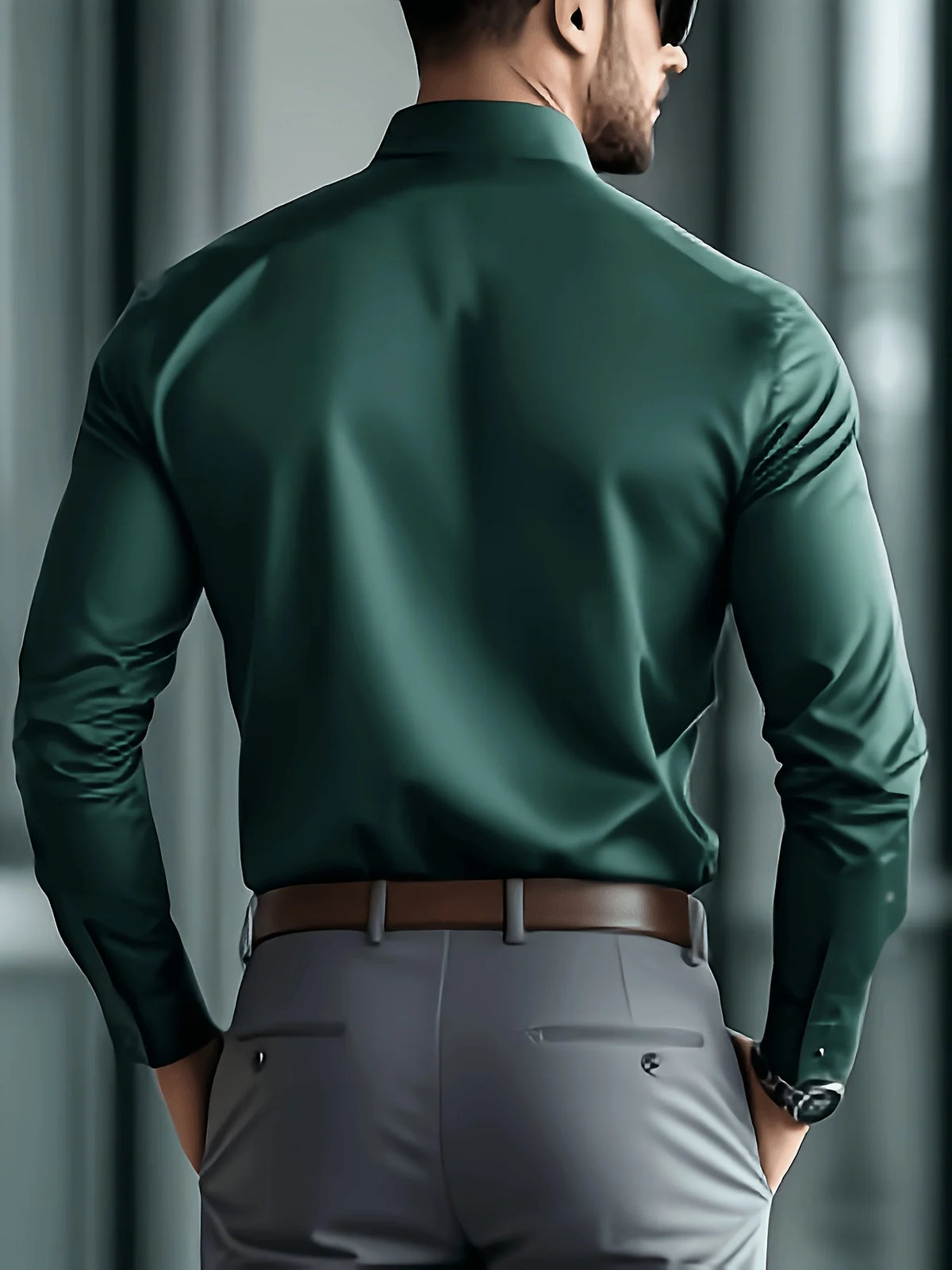 A man wearing a dark green long-sleeve formal shirt and gray trousers, viewed from the back.
