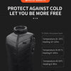 Black long standby heating vest shown against a dark background with text promoting warmth and protection from cold.