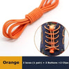 Orange elastic shoelaces with two pairs of laces, two buttons, and two clips.
