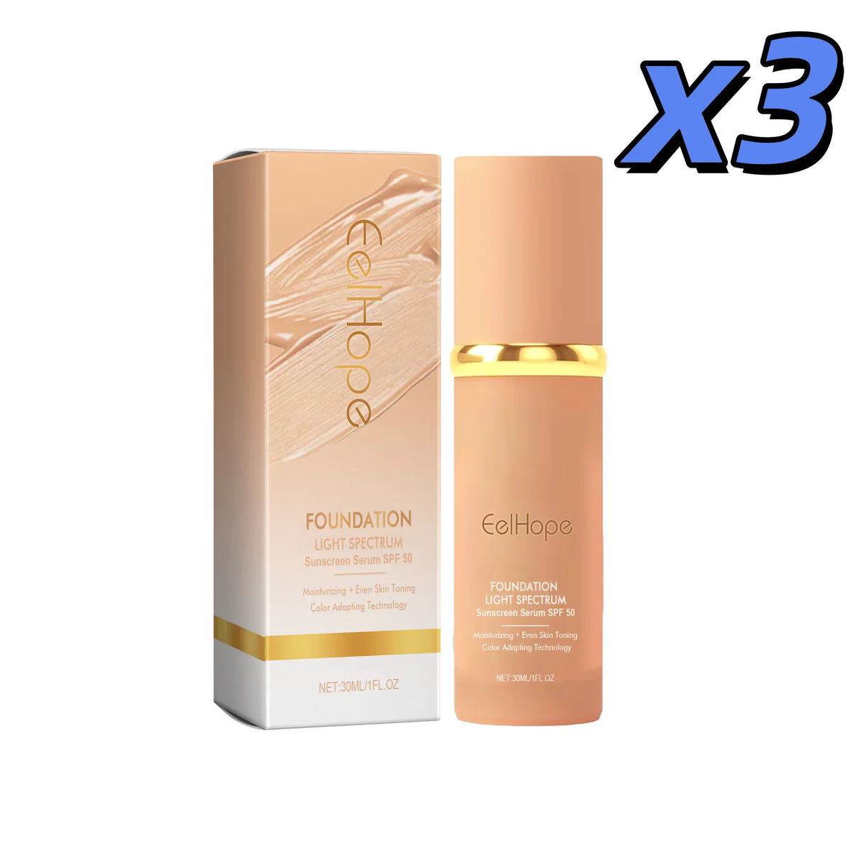 A cosmetic product featuring a light spectrum foundation in a pink glass tube and box with gold accents.