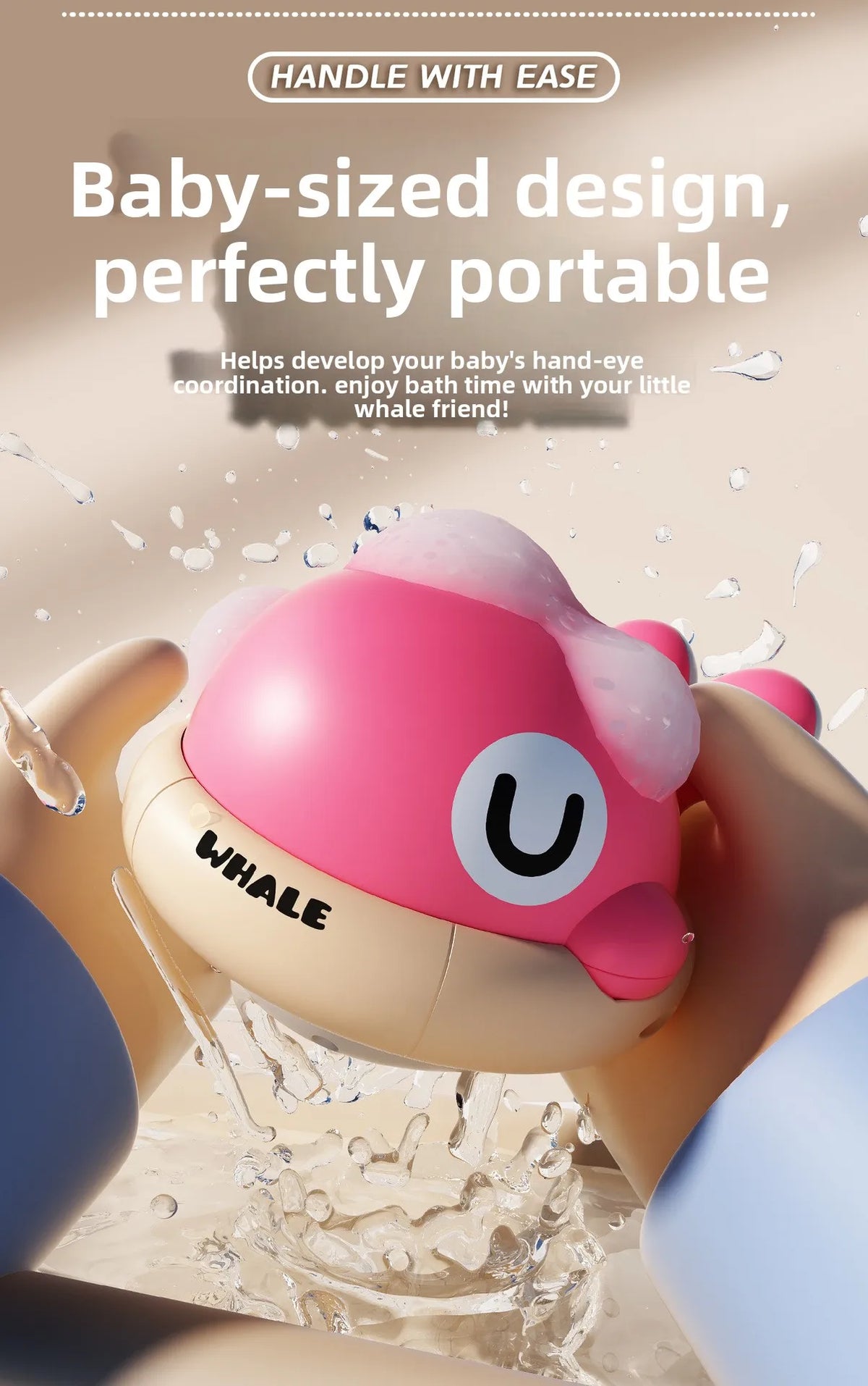 A pink and white whale-shaped baby bath toy is being used to spray water on a baby's hand during bath time.