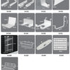 A collection of modular wall pegboard storage panels featuring various hooks, shelves, and slotted designs.