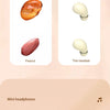 A product image showing a broad bean and a peanut next to a headset, with text promoting mini headphones for high-fidelity so