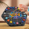 A hand is placing colored rope knots onto a black puzzle board for a logic game.
