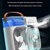 A white personal air cooler device showing its fan and components with blue light effects.