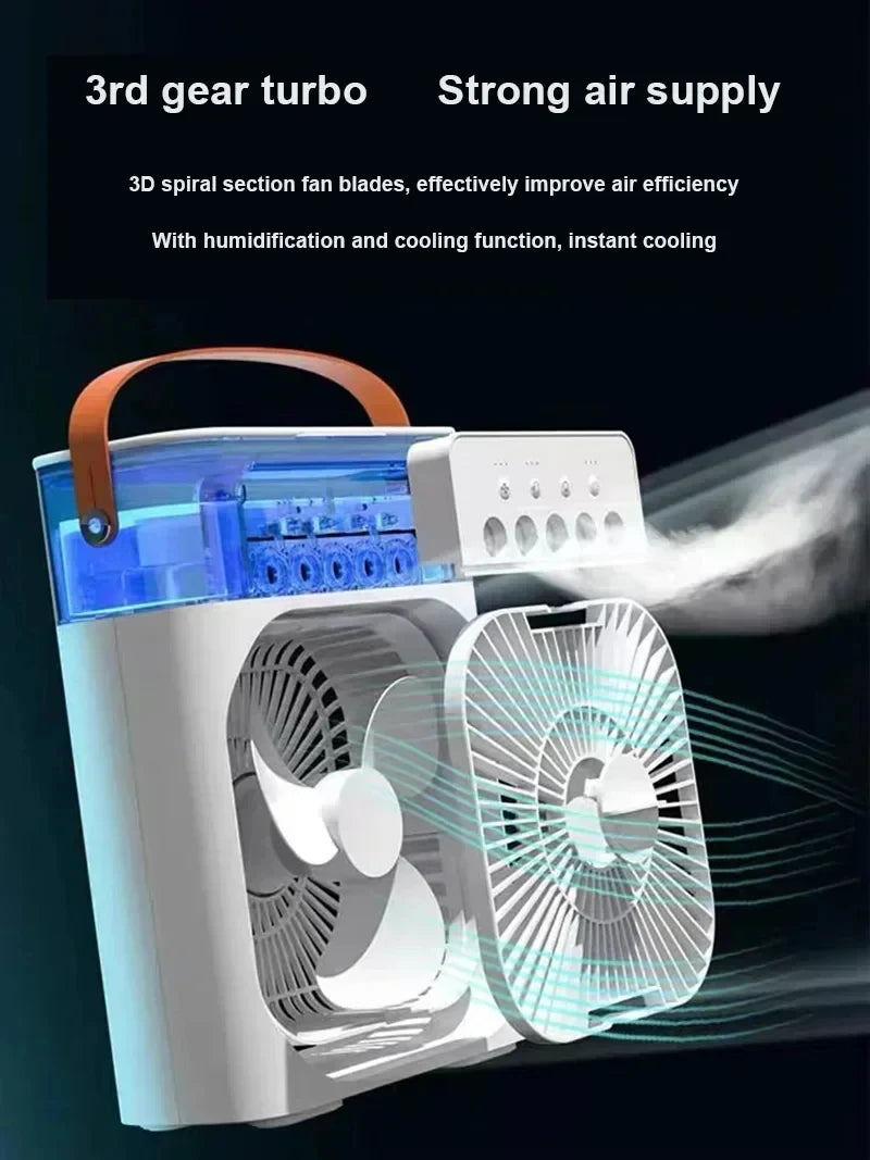 A white personal air cooler device showing its fan and components with blue light effects.