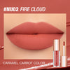A close-up of a matte lip tint in caramel carrot color shown on a model's lips.