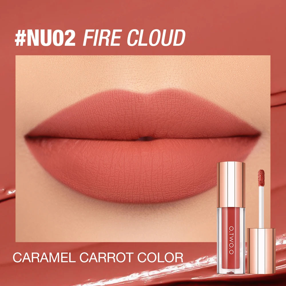 A close-up of a matte lip tint in caramel carrot color shown on a model's lips.