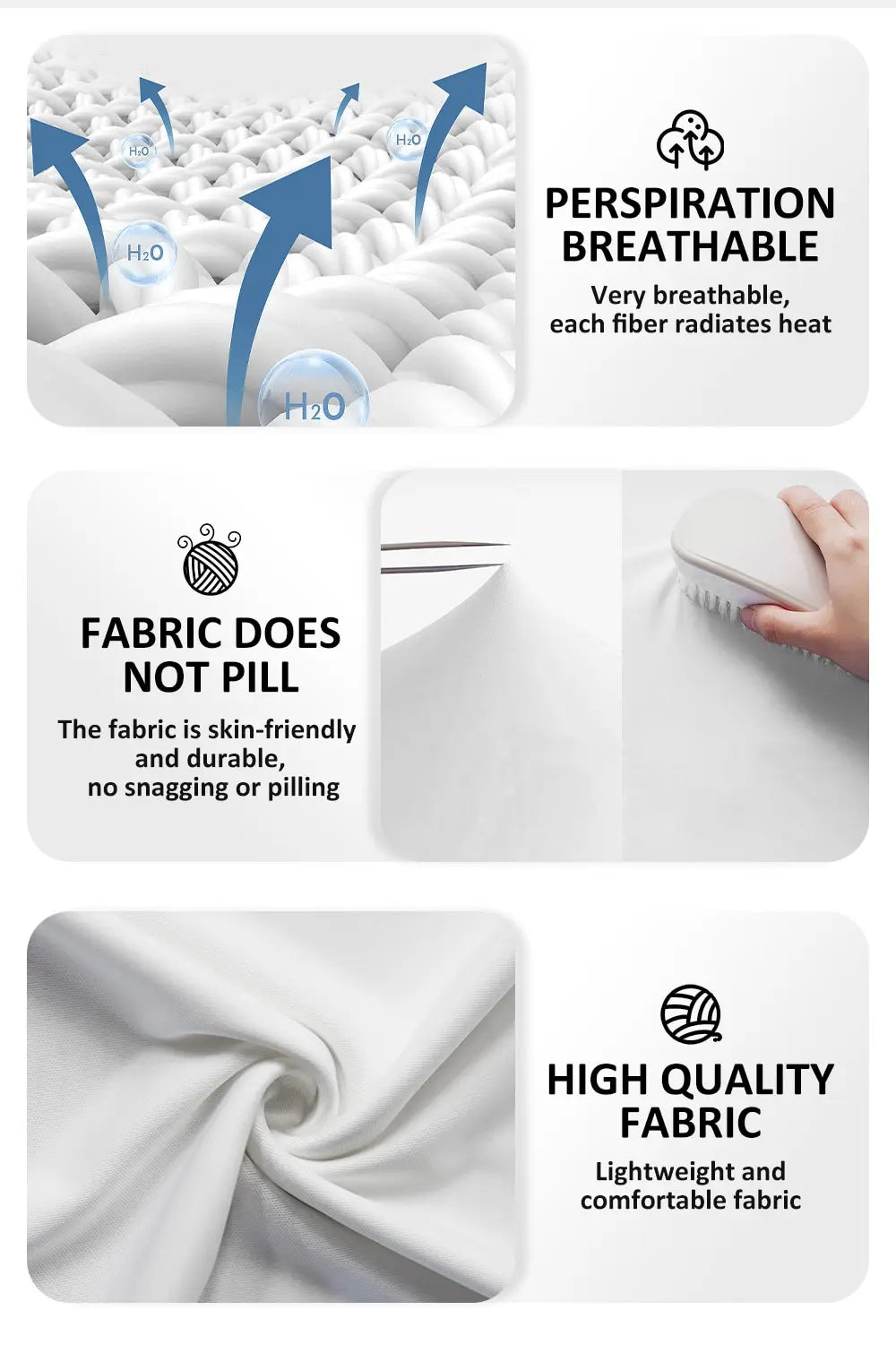 Close-up of a white fabric showing features like breathability, durability, and high quality.