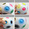 A rainbow fidget cube with multiple colored spheres and holes shown from various angles.