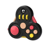 Un cubo fidget arcoíris negro con botones de colores y agarre texturizado.