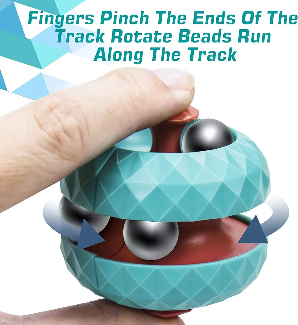 En hånd klyper endene av sporperler som beveger seg langs et spor på en teal fidget-kube.