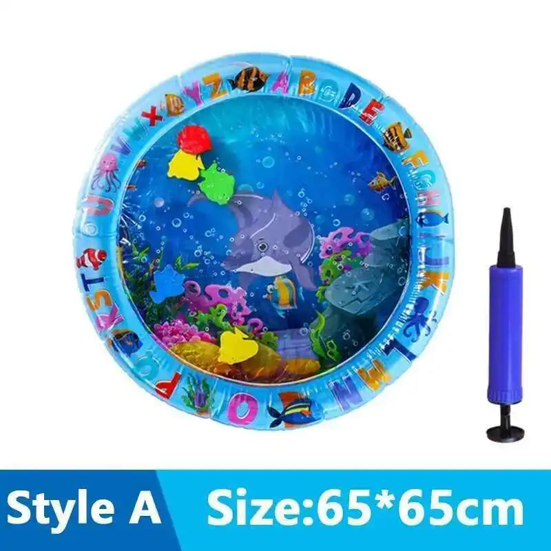 Tapete de juego inflable azul para gatos con diseño de peces y letras