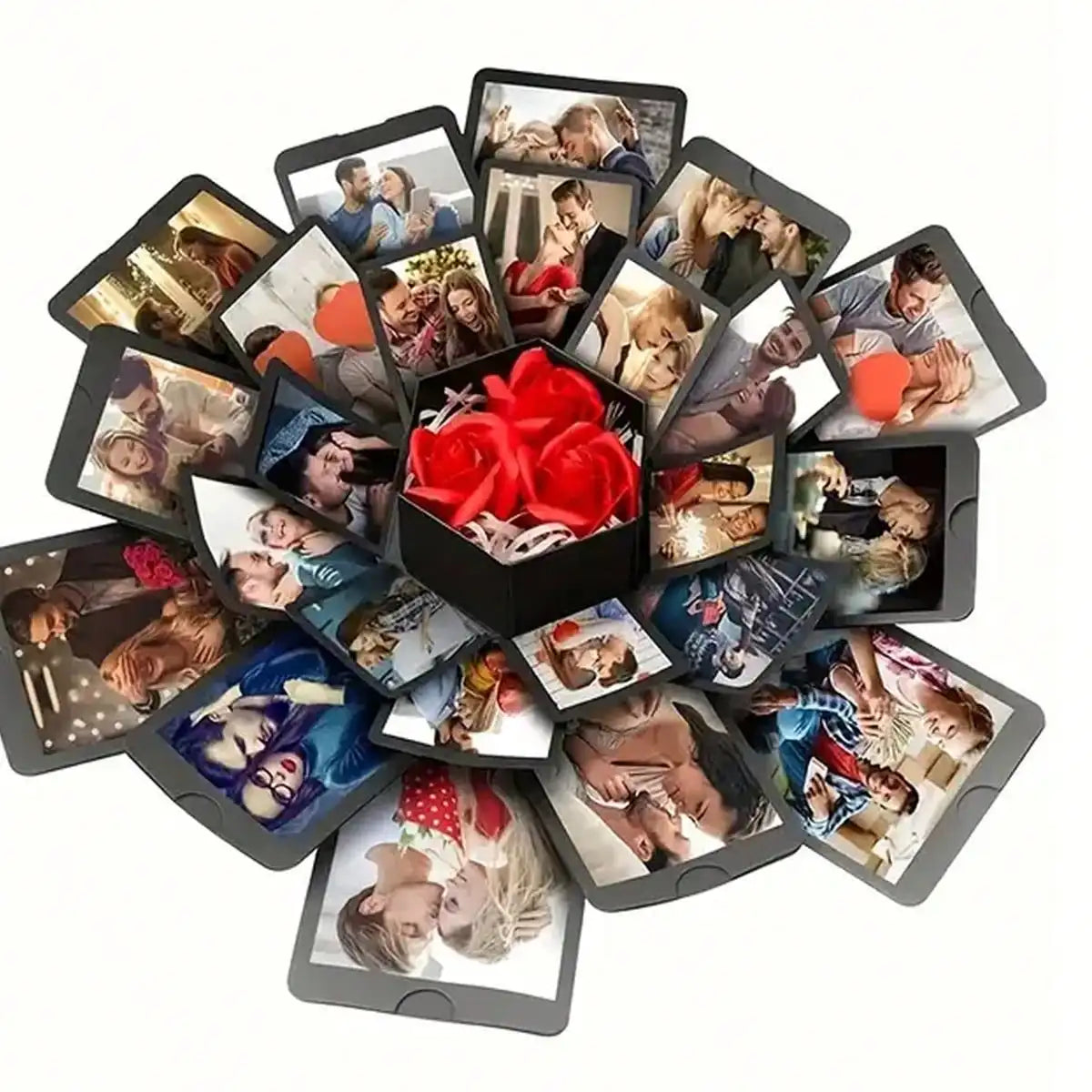 A collection of DIY explosion surprise gift boxes featuring photos and personalized messages.